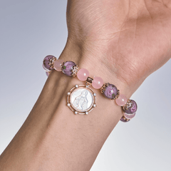 Handmade Rose Quartz Faith Crystal Bracelet with Narce Cameo of Virgin Mary