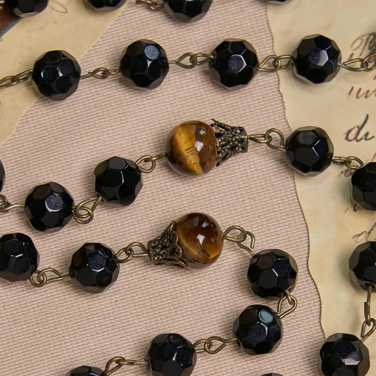 Vintage Obsidian Tiger Eye Beads Rosary with Pardon Crucifix & St. Benedict