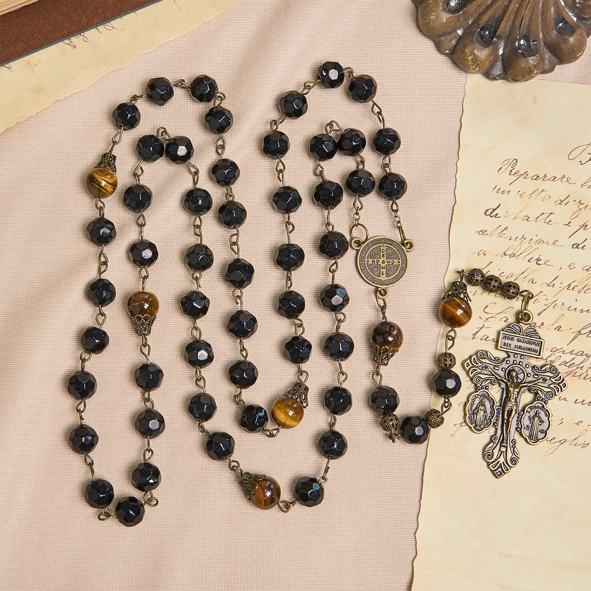 Vintage Obsidian Tiger Eye Beads Rosary with Pardon Crucifix & St. Benedict