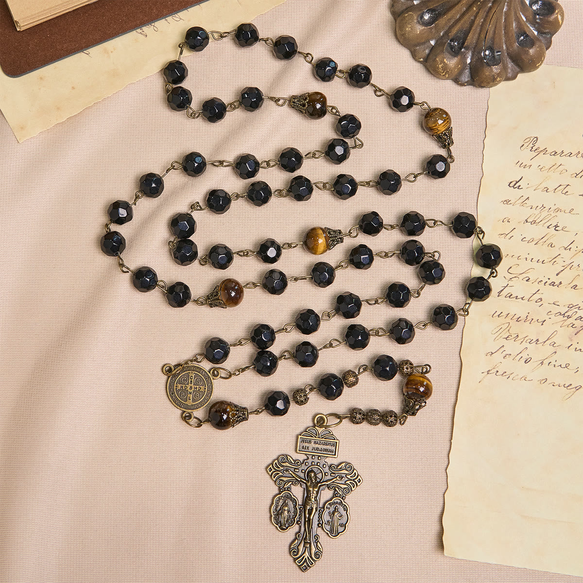 Vintage Obsidian Tiger Eye Beads Rosary with Pardon Crucifix & St. Benedict
