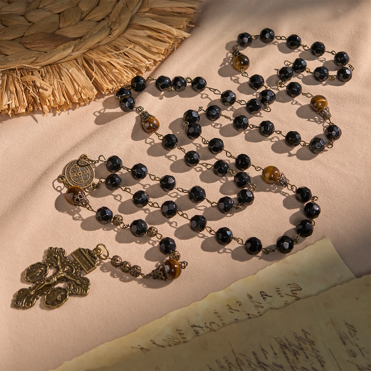 Vintage Obsidian Tiger Eye Beads Rosary with Pardon Crucifix & St. Benedict