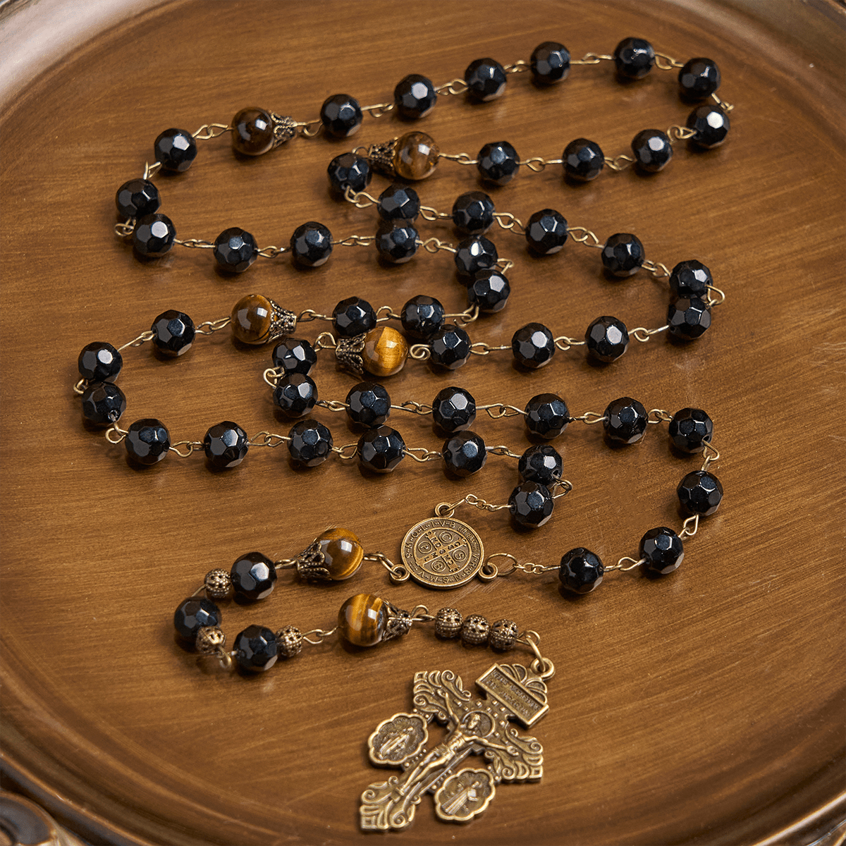 Vintage Obsidian Tiger Eye Beads Rosary with Pardon Crucifix & St. Benedict