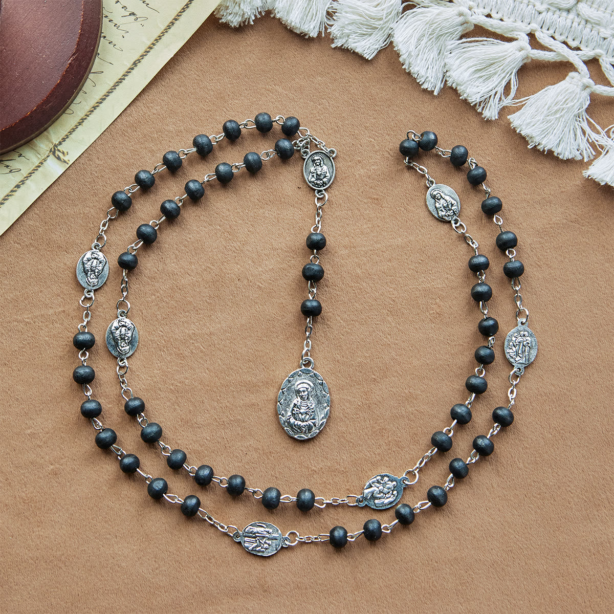 Olive Wood Seven Sorrows Rosary Featuring Our Lady Medal: Divine Devotion in Every Bead