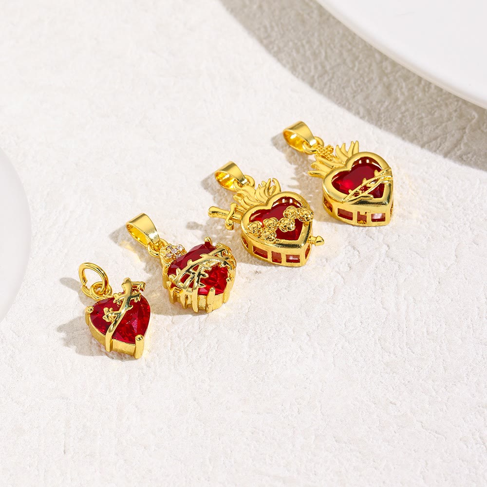 Christian Art Modern Style Crafted Red Gemstones Sacred Heart of Jesus Pendant Necklace