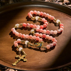 Handmade Pink Persian Jade Rosary with Brass Crucifix and Our Lady Charm