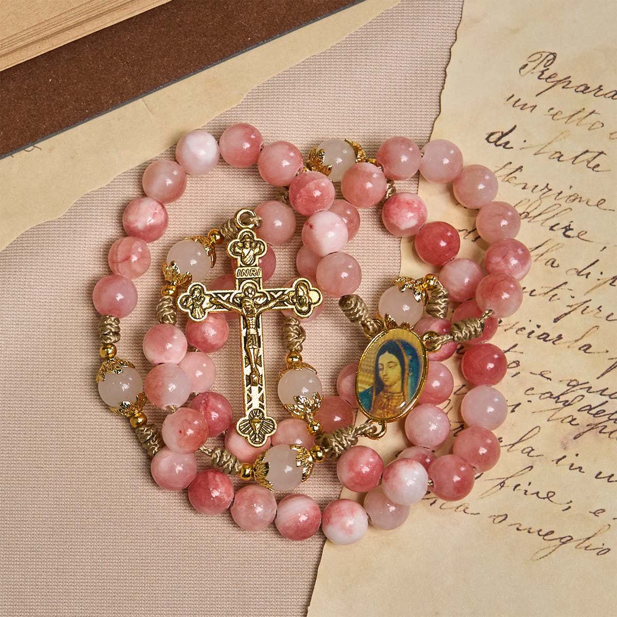 Handmade Pink Persian Jade Rosary with Brass Crucifix and Our Lady Charm