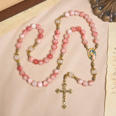 Handmade Pink Persian Jade Rosary with Brass Crucifix and Our Lady Charm
