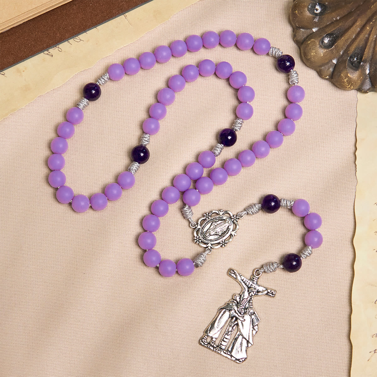 Mystic Purple Matte Rosary Adorned with Crucifix Scene and Miraculous Medal