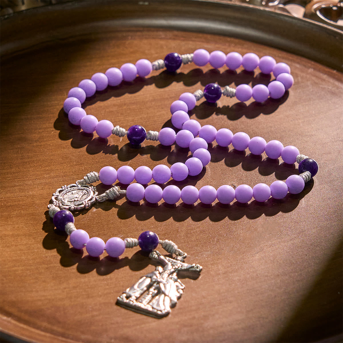 Mystic Purple Matte Rosary Adorned with Crucifix Scene and Miraculous Medal