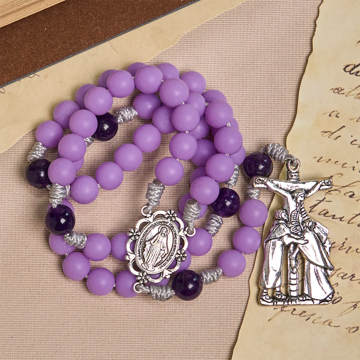 Mystic Purple Matte Rosary Adorned with Crucifix Scene and Miraculous Medal