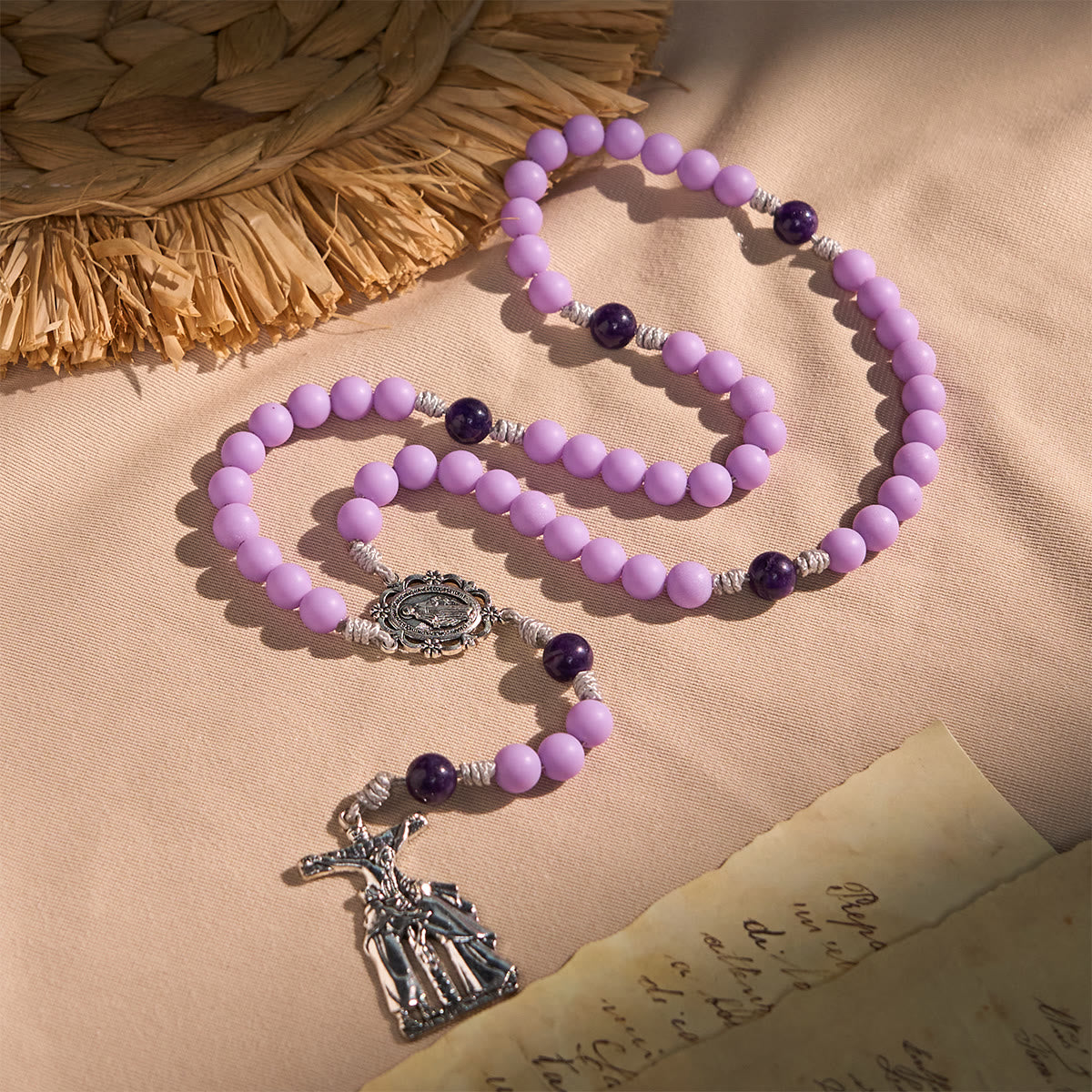 Mystic Purple Matte Rosary Adorned with Crucifix Scene and Miraculous Medal