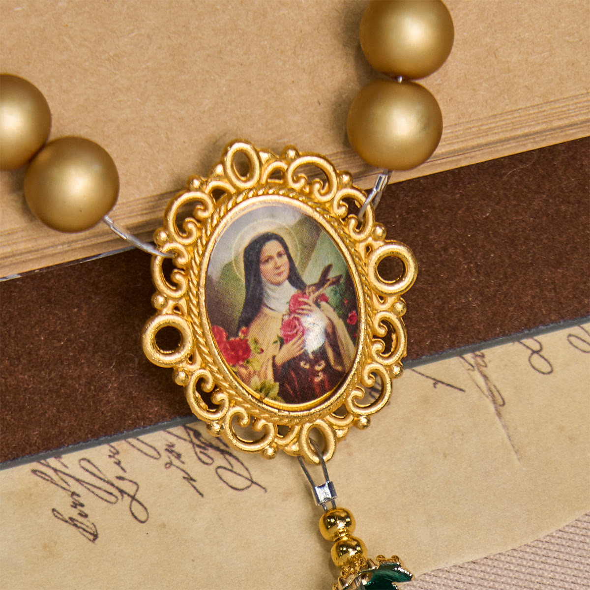 Elegant Matte Golden Pearl Rosary with St. Therese and Crucifix