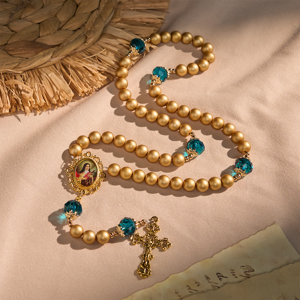 Elegant Matte Golden Pearl Rosary with St. Therese and Crucifix