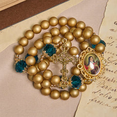 Elegant Matte Golden Pearl Rosary with St. Therese and Crucifix