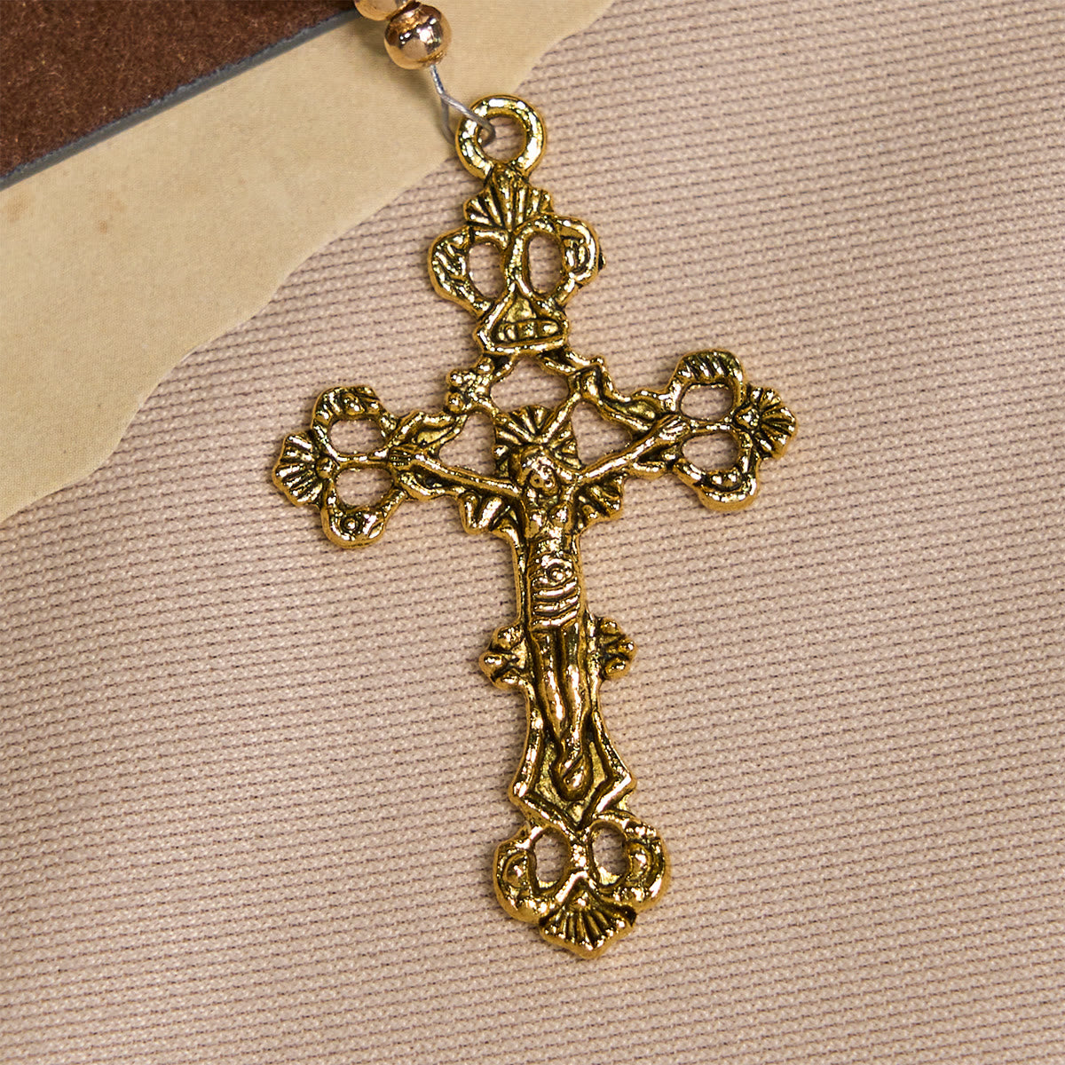 Elegant Matte Golden Pearl Rosary with St. Therese and Crucifix