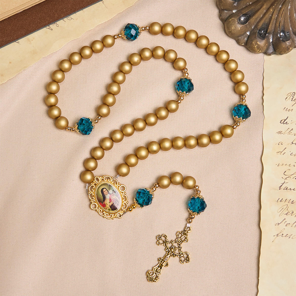 Elegant Matte Golden Pearl Rosary with St. Therese and Crucifix