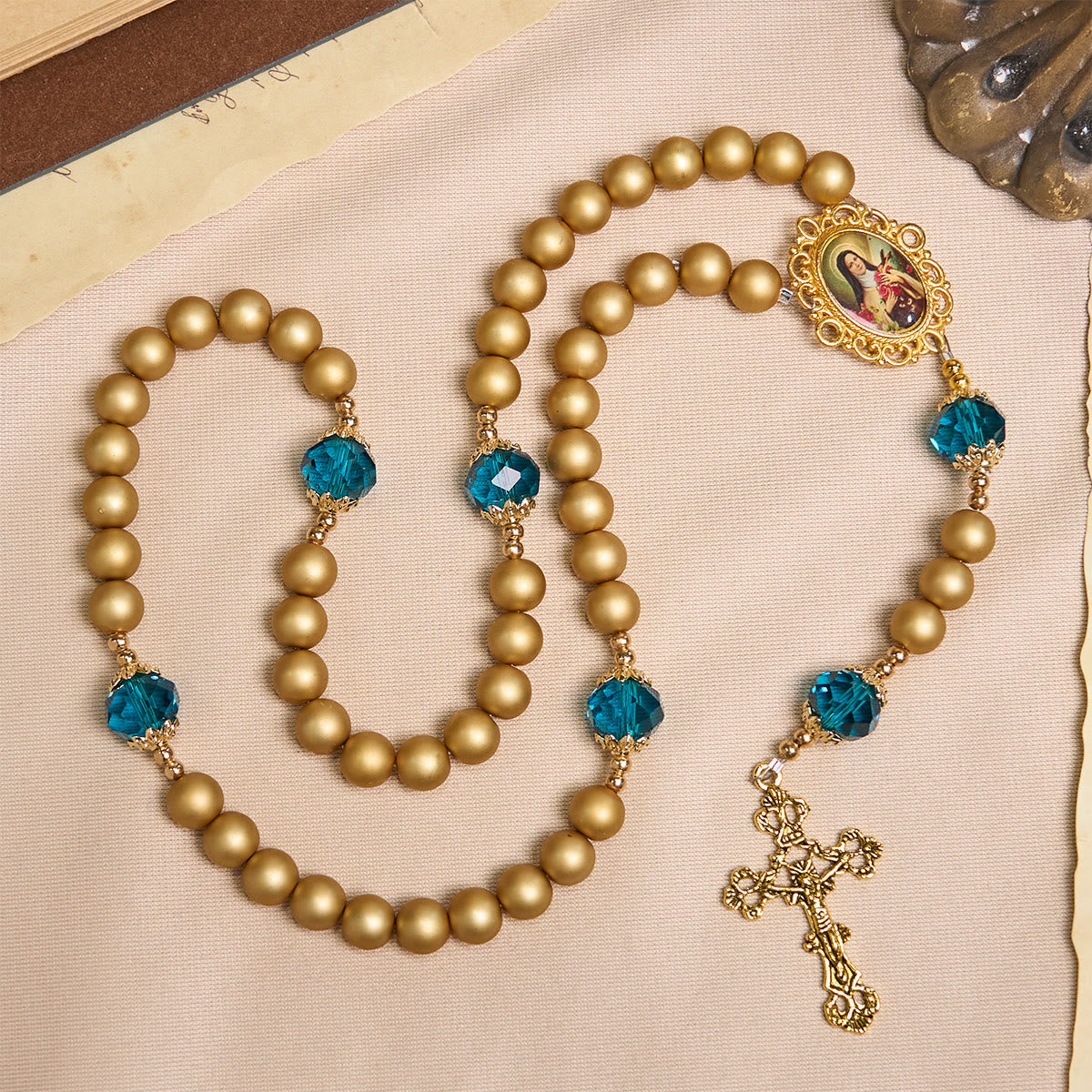 Elegant Matte Golden Pearl Rosary with St. Therese and Crucifix