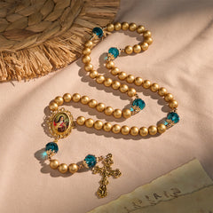 Elegant Matte Golden Pearl Rosary with St. Therese and Crucifix