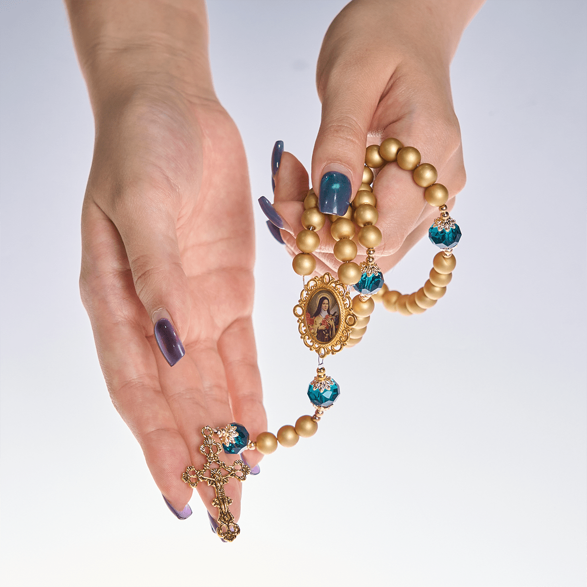 Elegant Matte Golden Pearl Rosary with St. Therese and Crucifix