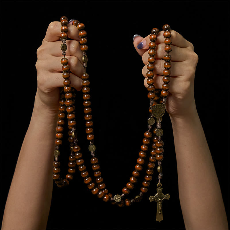 15/20 Decade Olive Wood Rosary with St. Benedict, Crucifix & Waist Chain Design—Divine Devotion in Dual Use