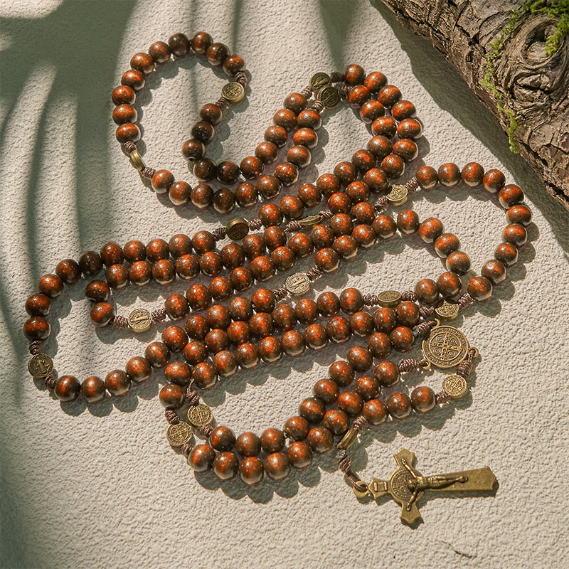 15/20 Decade Olive Wood Rosary with St. Benedict, Crucifix & Waist Chain Design—Divine Devotion in Dual Use