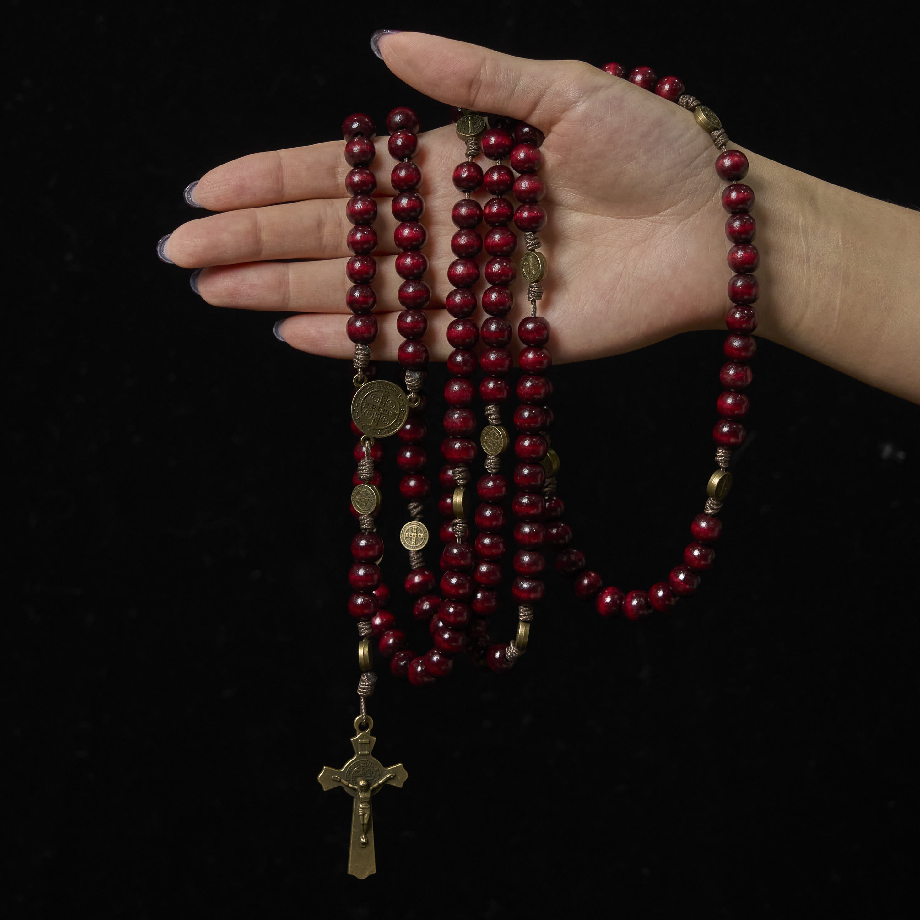 15/20 Decade Olive Wood Rosary with St. Benedict, Crucifix & Waist Chain Design—Divine Devotion in Dual Use