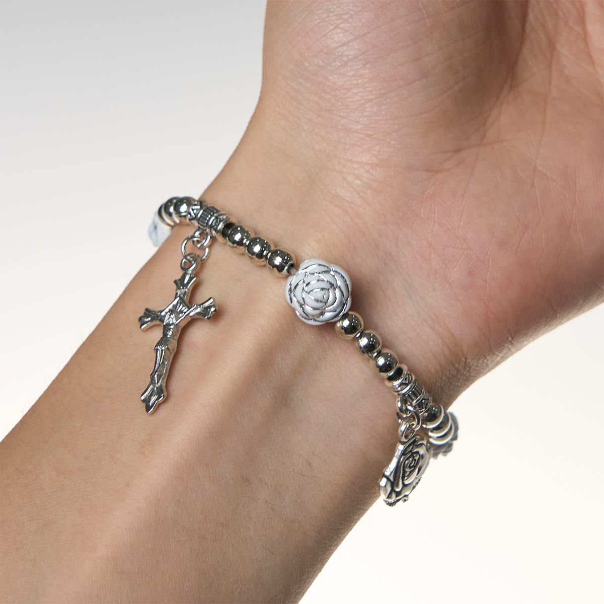 Delicate White Rose Devotional Beads Rosary and Bracelets with Virgin Mary