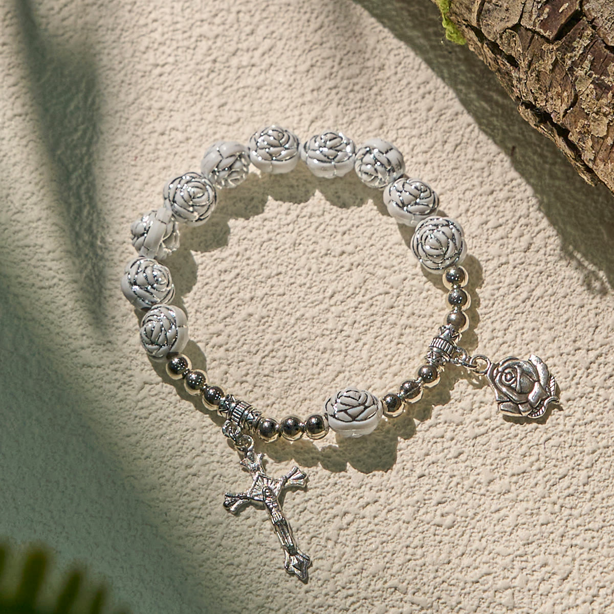 Delicate White Rose Devotional Beads Rosary and Bracelets with Virgin Mary