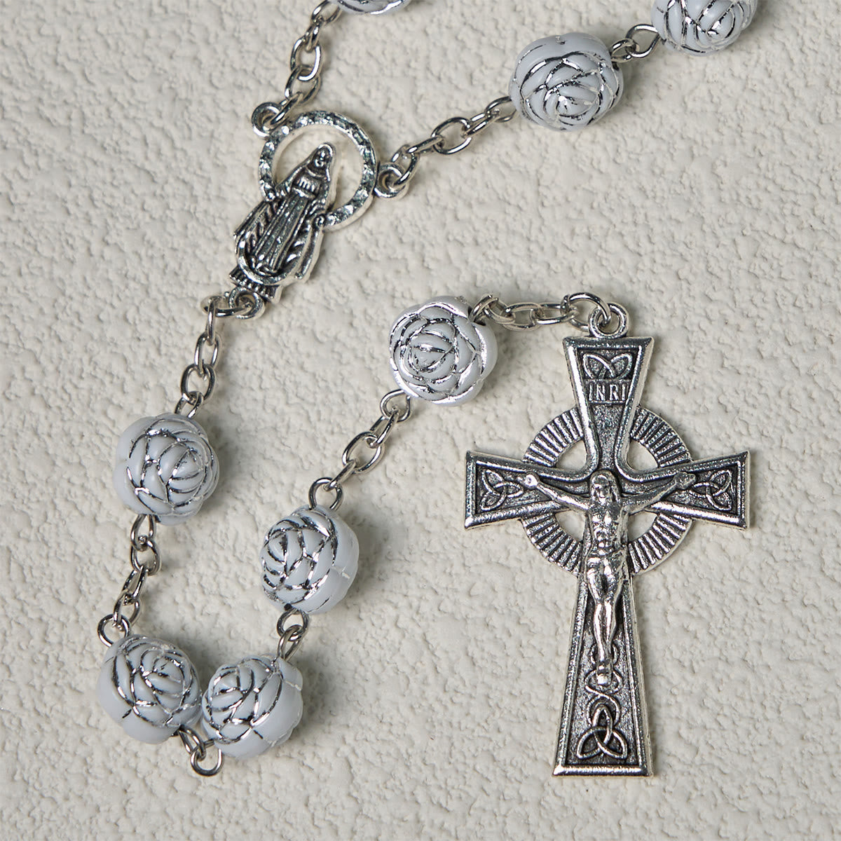 Delicate White Rose Devotional Beads Rosary and Bracelets with Virgin Mary