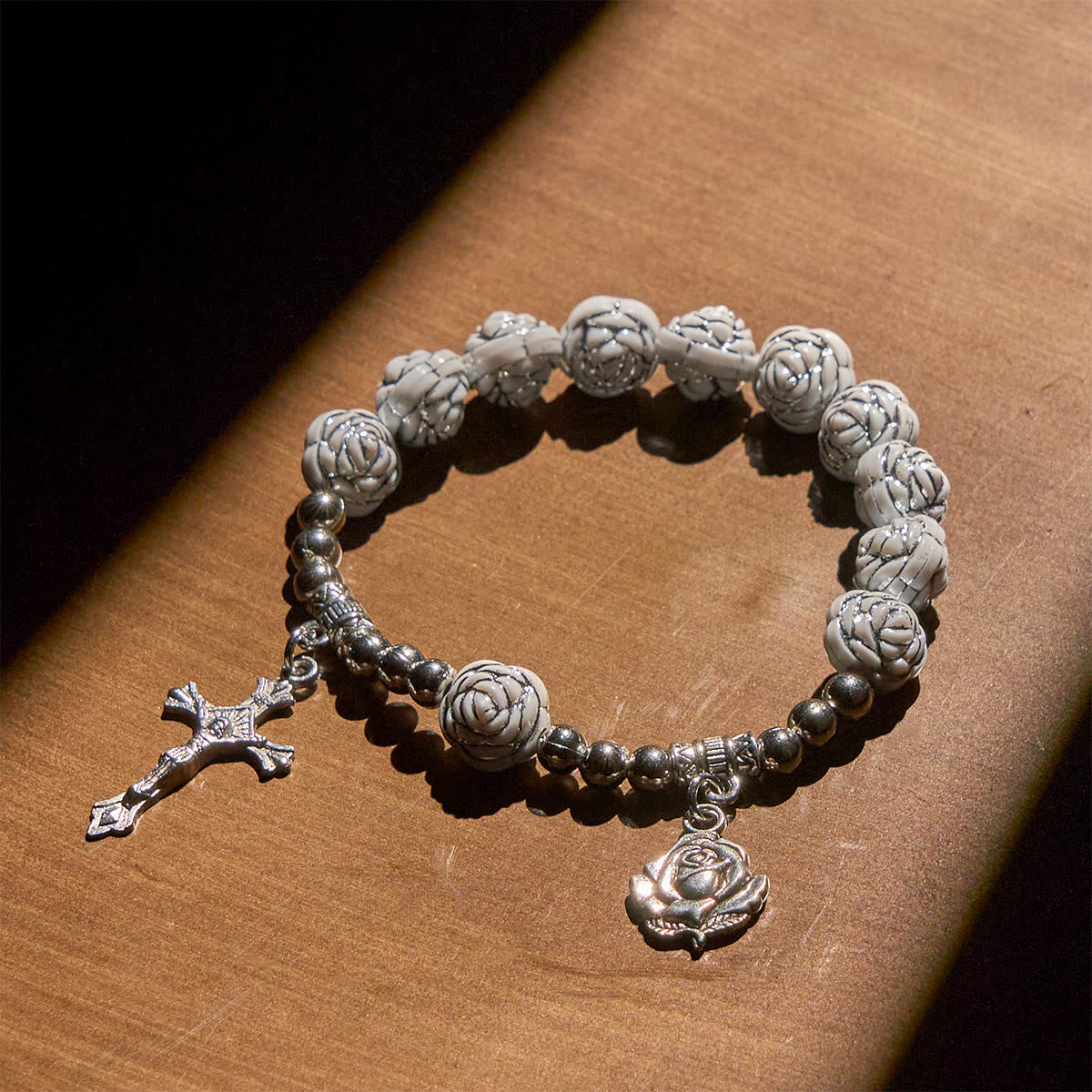 Delicate White Rose Devotional Beads Rosary and Bracelets with Virgin Mary