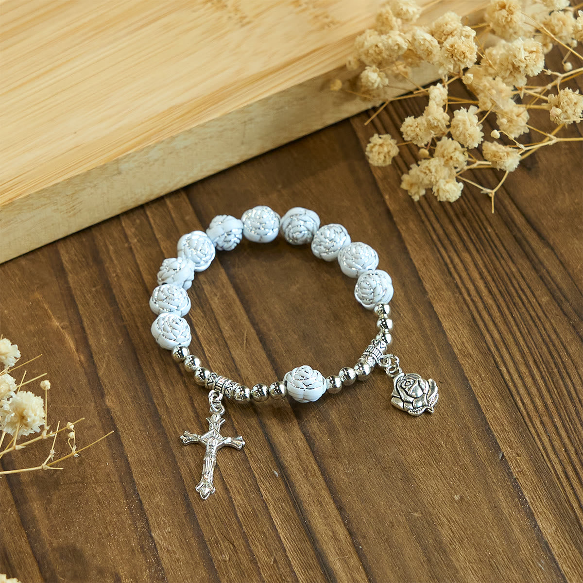 Delicate White Rose Devotional Beads Rosary and Bracelets with Virgin Mary