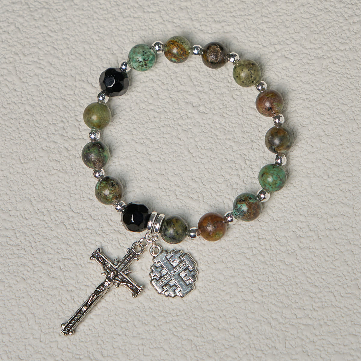 Earthy Spiritual Rosary-Inspired Bracelets with Crucifix and Jerusalem Cross