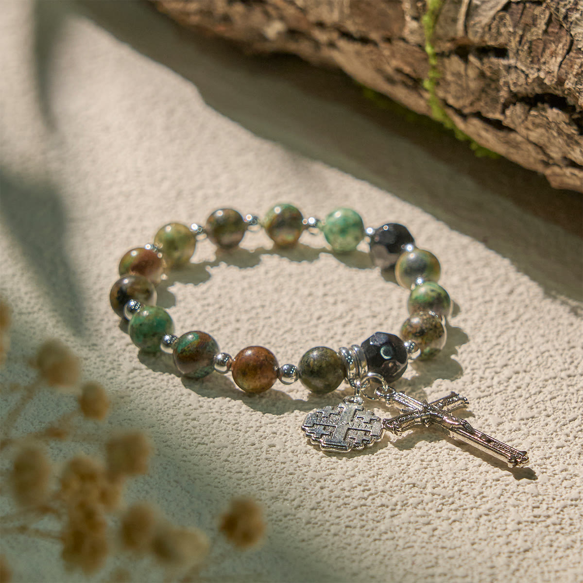 Earthy Spiritual Rosary-Inspired Bracelets with Crucifix and Jerusalem Cross