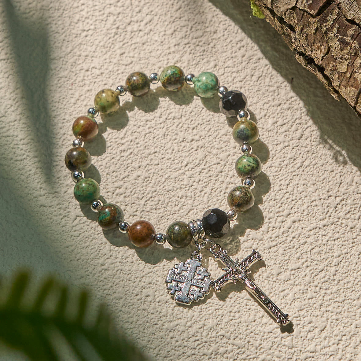 Earthy Spiritual Rosary-Inspired Bracelets with Crucifix and Jerusalem Cross