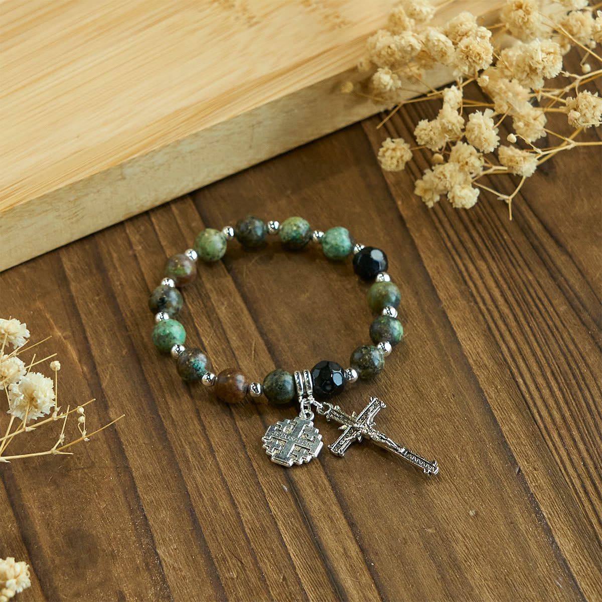 Earthy Spiritual Rosary-Inspired Bracelets with Crucifix and Jerusalem Cross