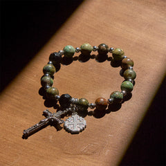 Earthy Spiritual Rosary-Inspired Bracelets with Crucifix and Jerusalem Cross