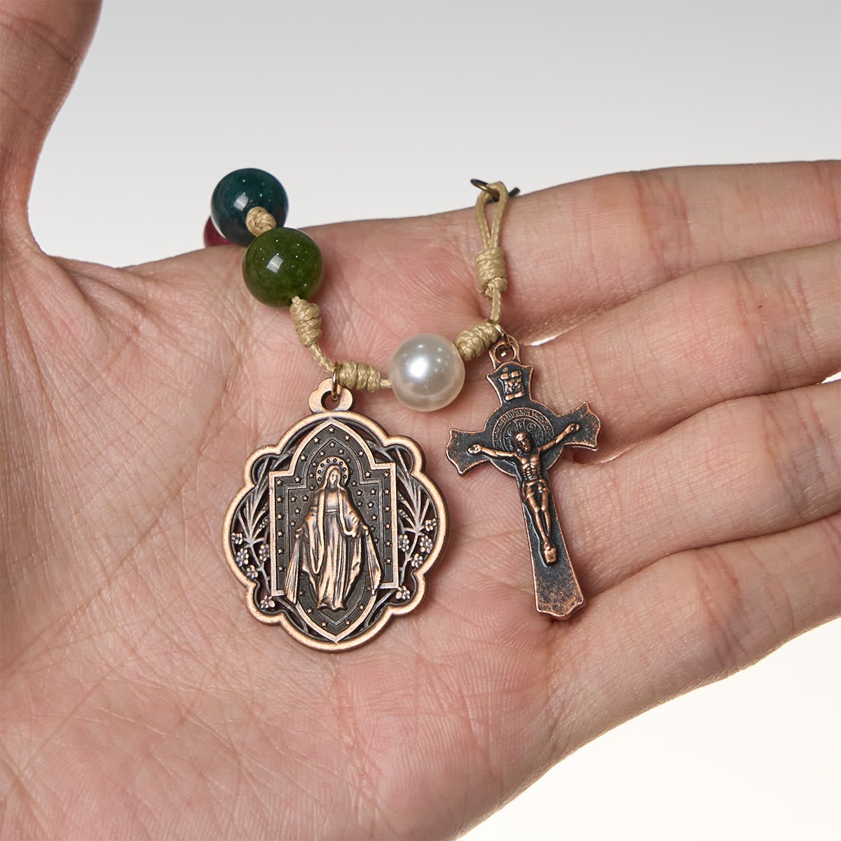 10mm Natural Tourmaline Agate Bracelets with Miraculous Medal & Crucifix