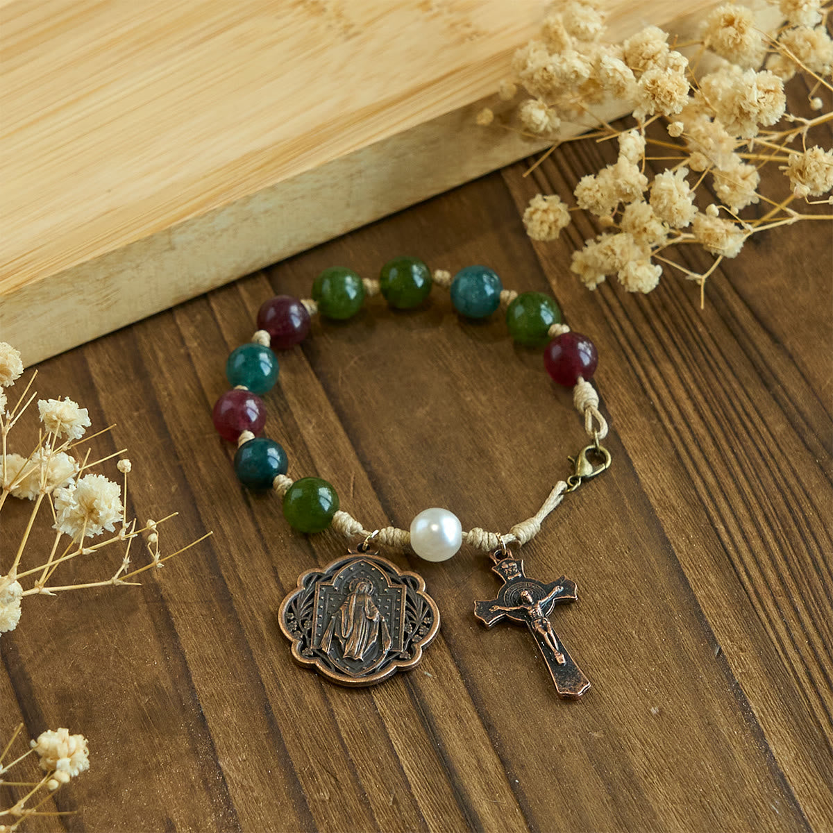 10mm Natural Tourmaline Agate Bracelets with Miraculous Medal & Crucifix