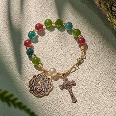10mm Natural Tourmaline Agate Bracelets with Miraculous Medal & Crucifix
