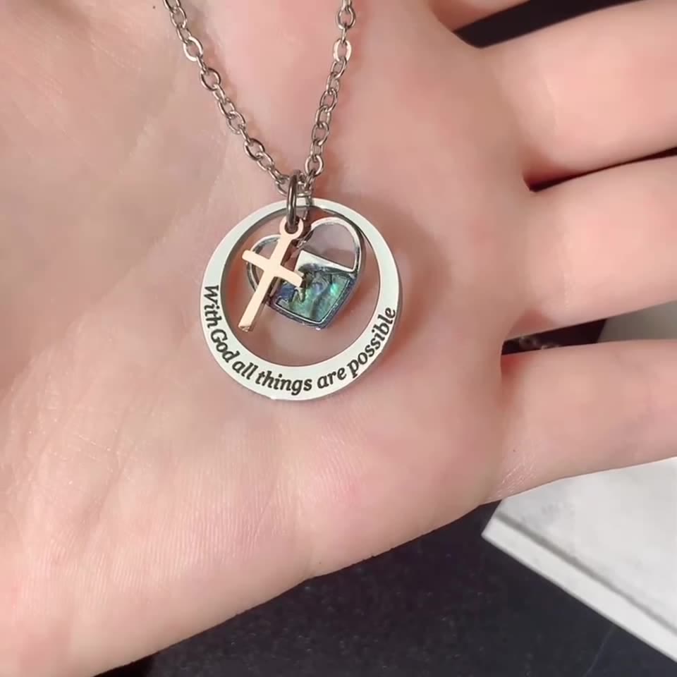 With God All Things Are Possible Heart Cross Mustard Seed Pendant Necklace