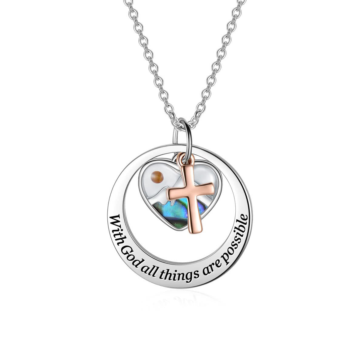 With God All Things Are Possible Heart Cross Mustard Seed Pendant Necklace