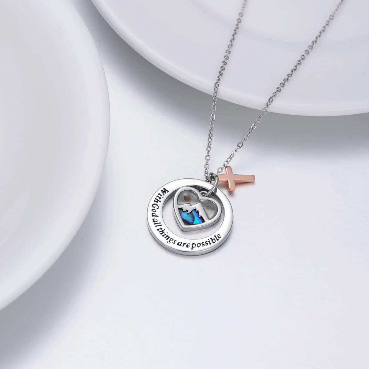 With God All Things Are Possible Heart Cross Mustard Seed Pendant Necklace