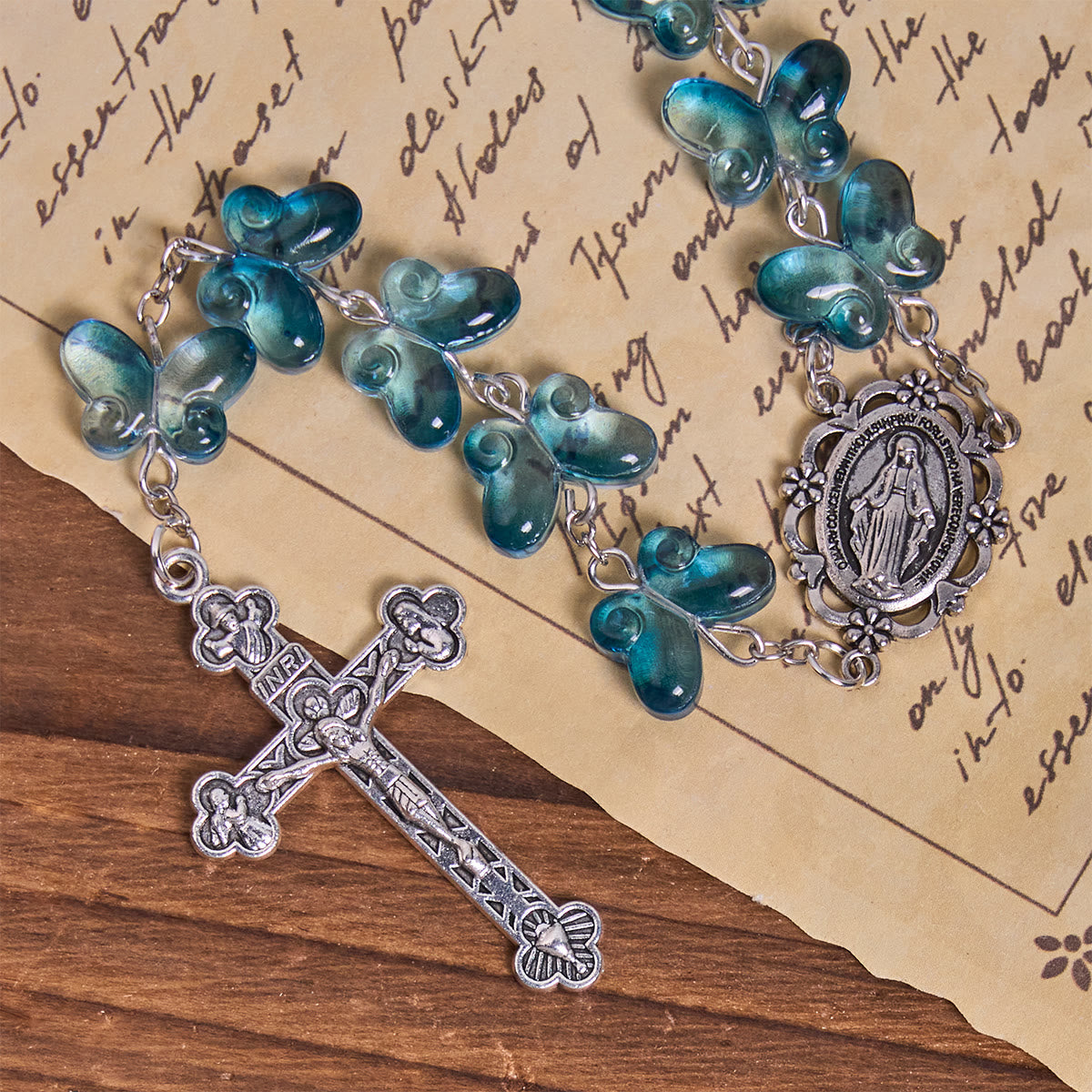 Wings of Devotion Shimmering Blue Butterfly Prayer Rosary with Miraculous Medal