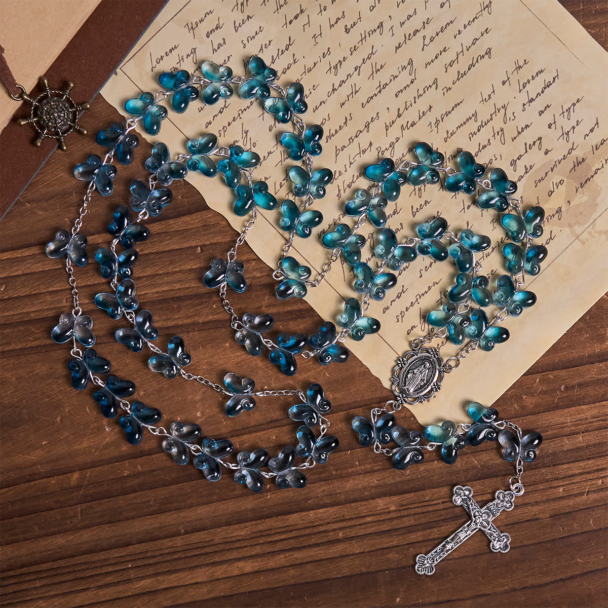 Wings of Devotion Shimmering Blue Butterfly Prayer Rosary with Miraculous Medal