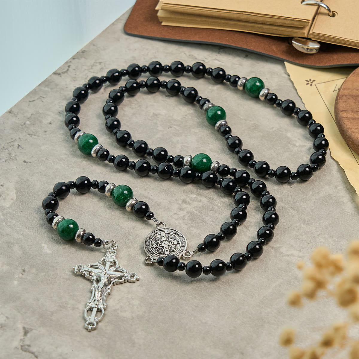 St. Benedict & Crucifix of 8mm Obsidian & Jade Bead Rosary - Faith and Sacred Connection