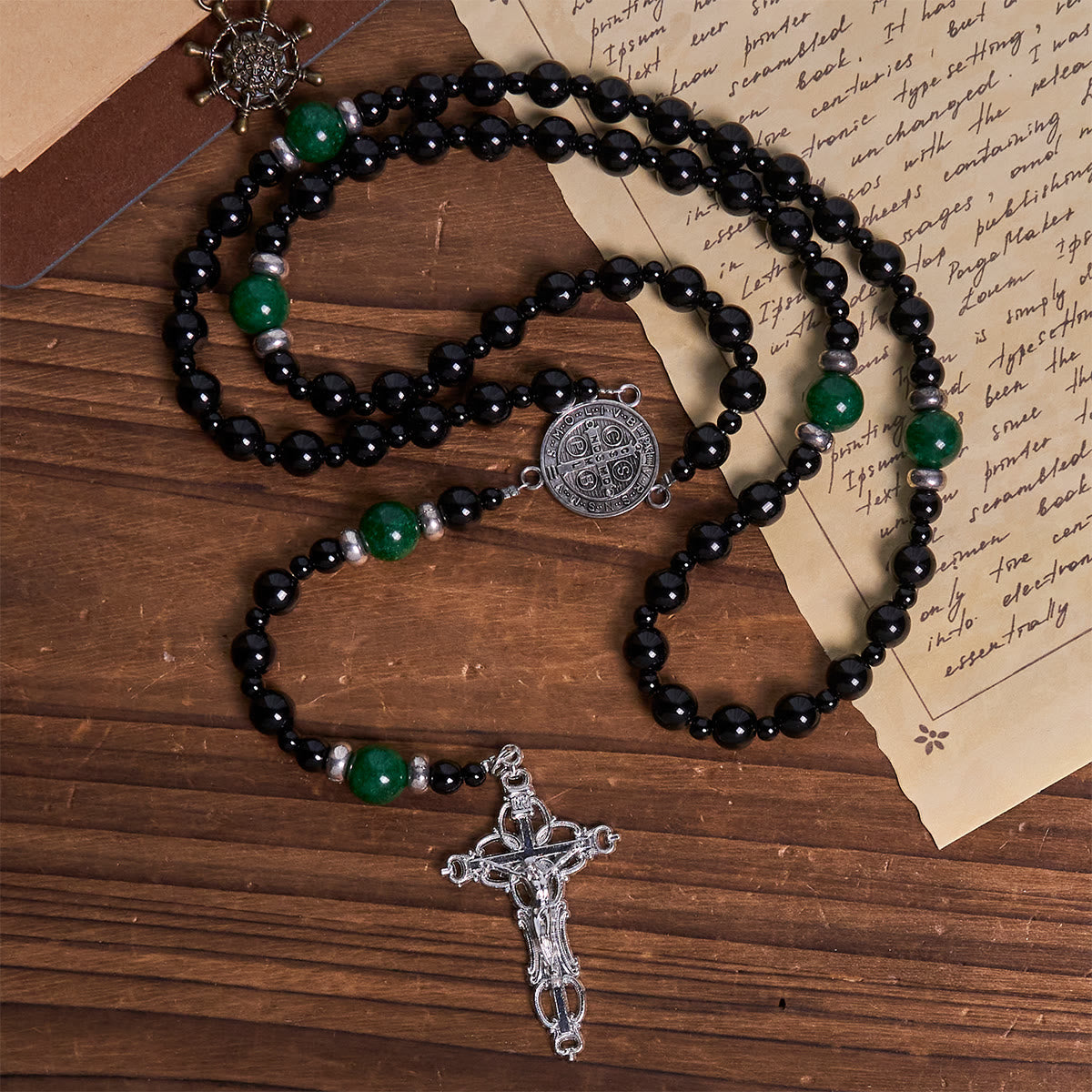 St. Benedict & Crucifix of 8mm Obsidian & Jade Bead Rosary - Faith and Sacred Connection
