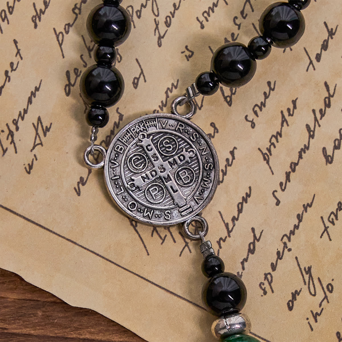 St. Benedict & Crucifix of 8mm Obsidian & Jade Bead Rosary - Faith and Sacred Connection