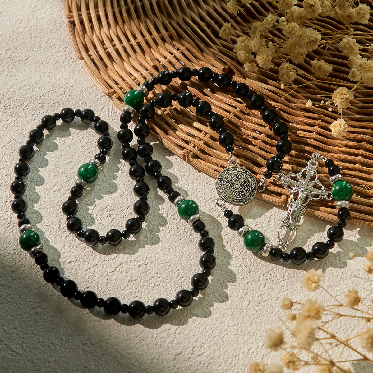 St. Benedict & Crucifix of 8mm Obsidian & Jade Bead Rosary - Faith and Sacred Connection