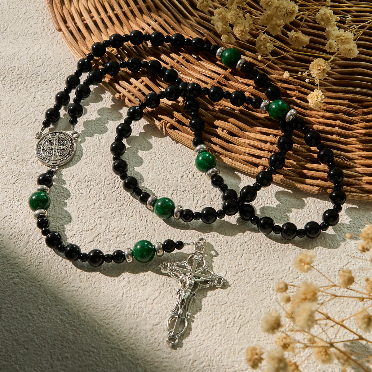 St. Benedict & Crucifix of 8mm Obsidian & Jade Bead Rosary - Faith and Sacred Connection