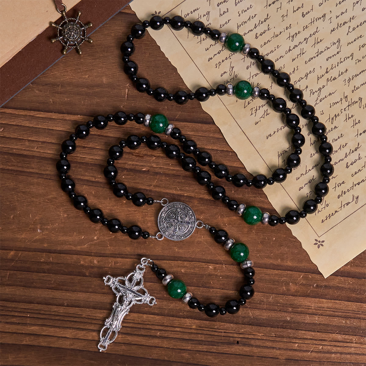St. Benedict & Crucifix of 8mm Obsidian & Jade Bead Rosary - Faith and Sacred Connection